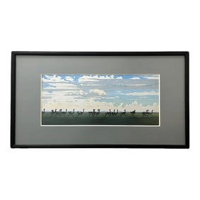 Running Ostrich Japanese Woodblock Print by Yoshida Toshi Circa 1984