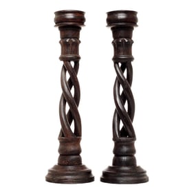 Vintage Indian Wooden Candlesticks With Spiral Design, 20th Century - a Pair