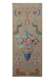 Englaih Traditional Panel Painting of Multicolored Bouquet Accompanied by Peacocks and Lions