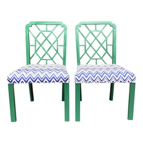 1970s Vintage Pair of Chinese Chippendale Kelly Green Side Chairs With New Blue and White Chevron Up