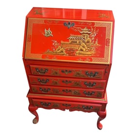 1970s Bright Red Asian Wooden Secretary