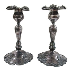 Pair of 1920s Middletown Silver Co Art Nouveau Floral Candlesticks