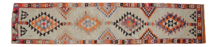 Hand-Knotted Turkish Runner Rug . Boucherouite Style Herki . Pure Natural Wool - 2"²5"³