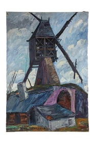 Impressionist Painting of Windmill Above Town