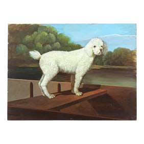 Oil on Wood Panel White Poodle in a Punt