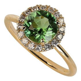 Distinctive Ring of Round Green Tourmaline in Diamond Halo 14k Yellow Gold Size 7