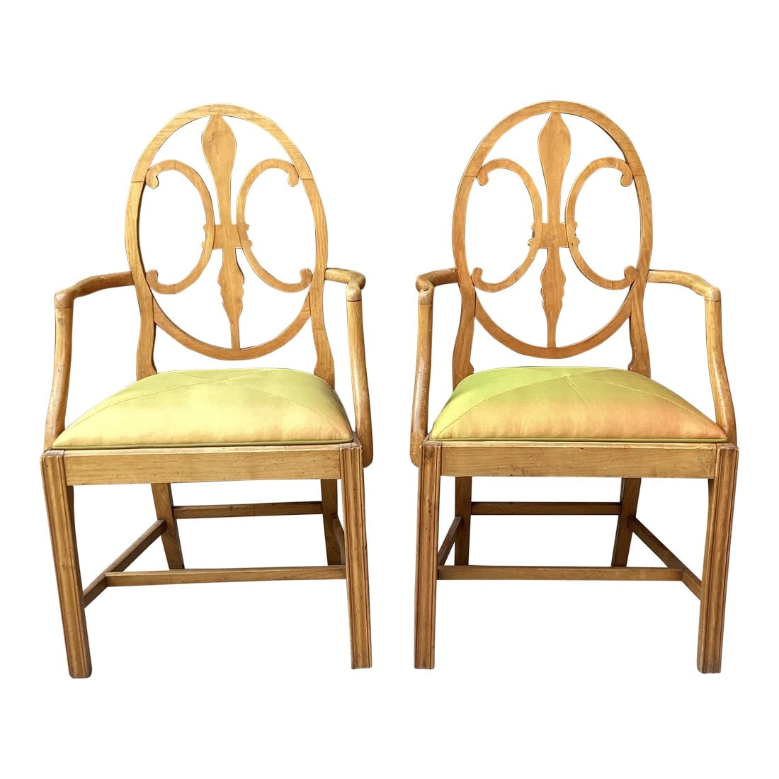 Pair of 19th Century French Regency Armchairs in Iridescent Silk Upholstery: There are genuine French antique chairs in a light finish. Their delicate curves are lovely and they are combined with a nuanced silk that reads both orange and green in different lights and from diff