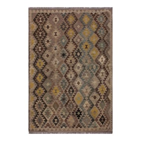 Shabby Chic Kilim Tan Green Wool Rug - 5'10" X 7'7"