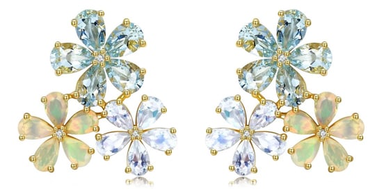 Nina Zhou Aquamarine Moonstone Opal and Diamond Blossom Earrings in 14k Yellow Gold - a Pair