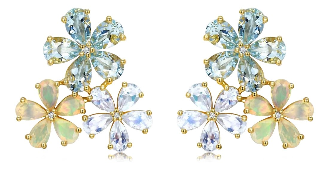 Nina Zhou Aquamarine Moonstone Opal and Diamond Blossom Earrings in 14k Yellow Gold - a Pair (1 of 10)