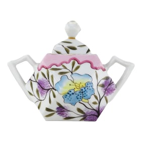 Hand-Painted Floral Sugar Bowl With Pink Rim and Unique Hexagonal Shape