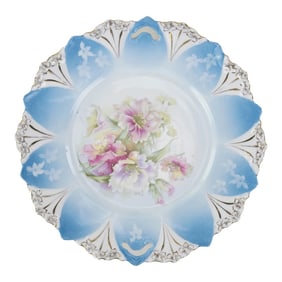 Antique Blue and White Scalloped Porcelain Plate With Pastel Flowers