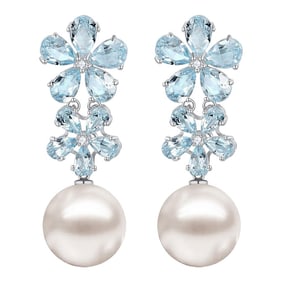 Nina Zhou Aquamarine Diamond Double Blossom Pearl Convertible Drop Earrings in 14k White Gold - a Pa
