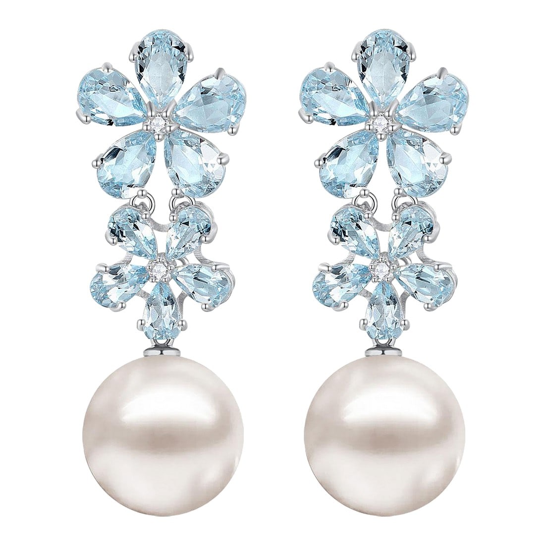 Nina Zhou Aquamarine Diamond Double Blossom Pearl Convertible Drop Earrings in 14k White Gold - a Pa (1 of 7)