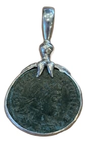 Antique Roman Coin Pendant W Delicate Silver Leaves at Bale