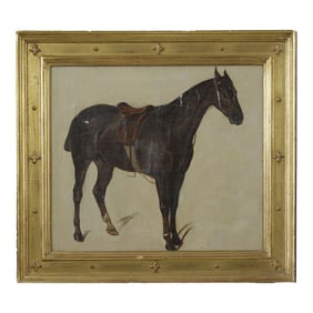 Antique Equestrian Oil Painting of a Saddled Horse in Gilded Frame