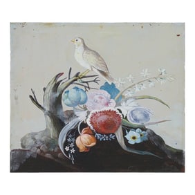 Vintage Hand-Painted Bird & Floral Still Life on Iron, 14" – Botanical Wall Art