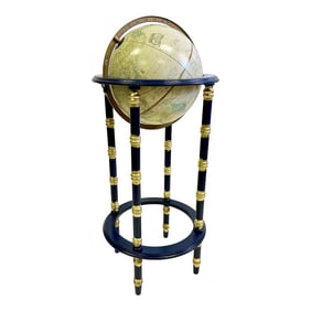 Vintage George F Cram's Imperial World Globe on Ink Blue Faux Bamboo Stand With Parcel Gilt Accents