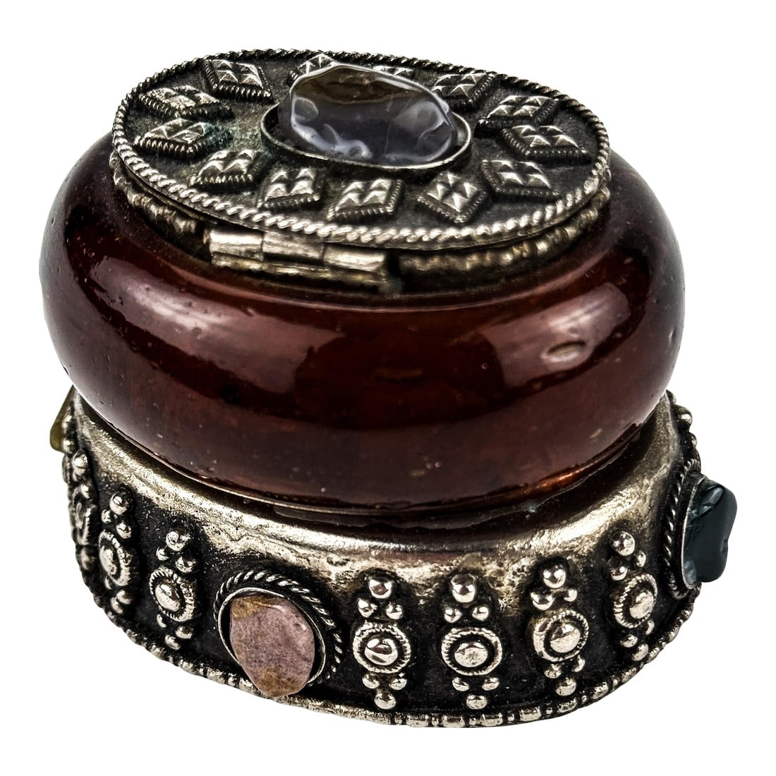 Small Vintage Hinged Lidded Glass and Stone Trinket Box. (1 of 8)