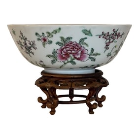 Late 20th Century Vintage Famille Rose Chinese Porcelain Bowl With Peonies and Butterflies on Hand-C