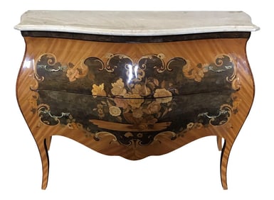 French Marble Topped Louis XVI Bombe Commode With Intricate Marquetry