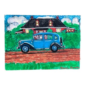 Late 20th Century The Blue Town Car - Original Oil / Marker on Board - Vernon Reynolds