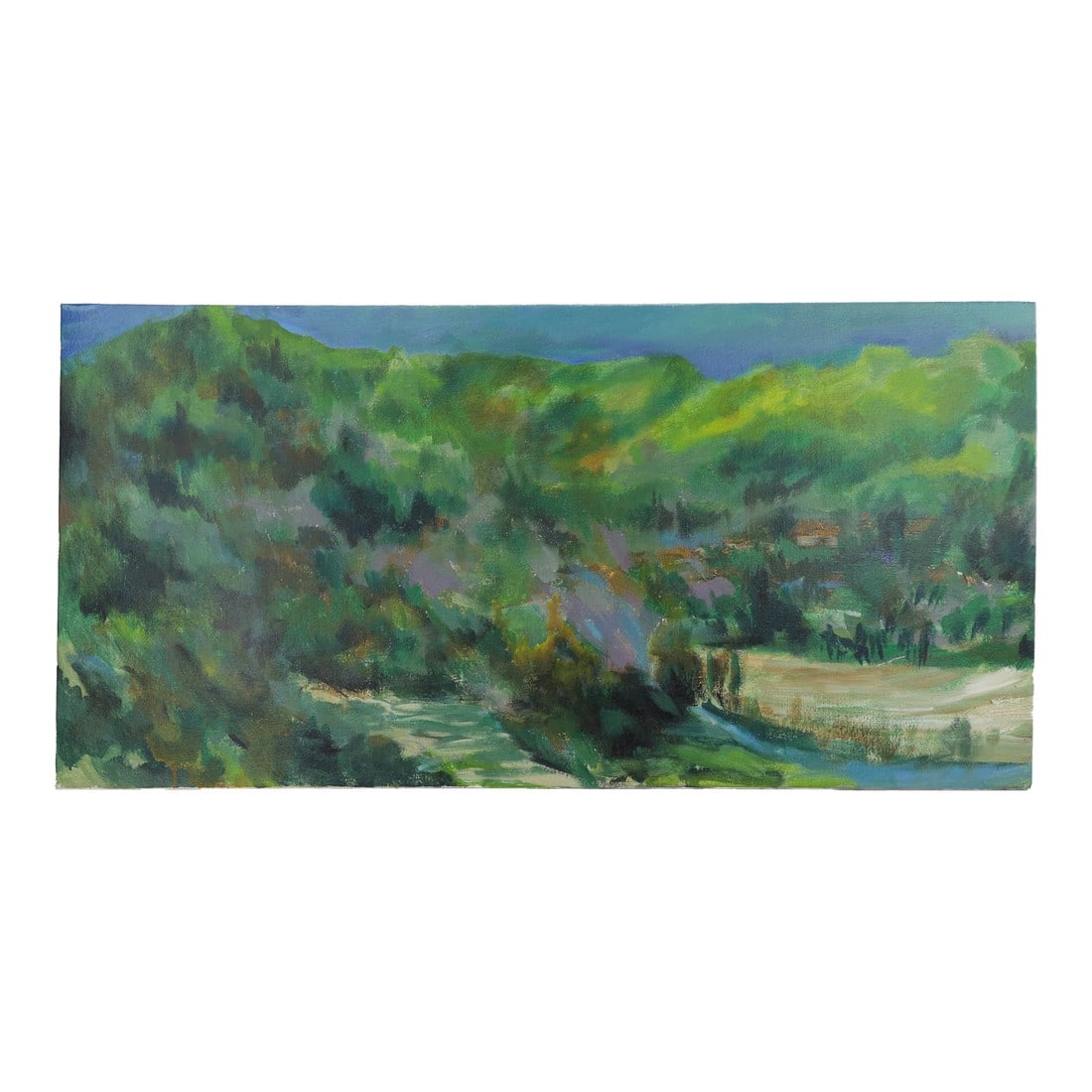 Vintage Impressionist Green Landscape Oil Painting on Canvas: A vintage impressionist oil painting depicting a tranquil, densely wooded landscape in rich green and blue hues. The expressive brushstrokes and layered texture convey depth and movement, evoking a se