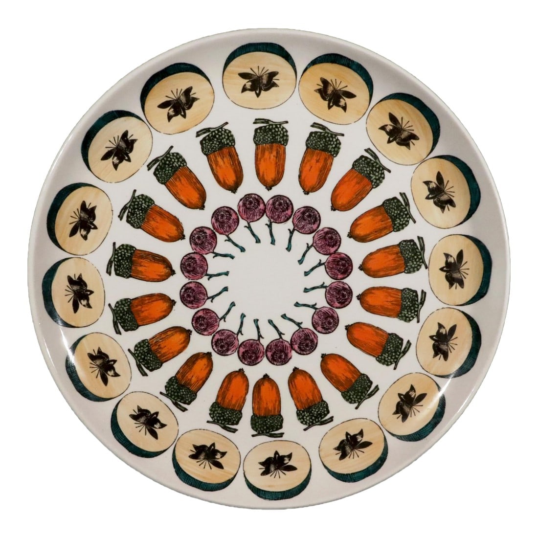Piero Fornasetti Ceramic Plate With Giostra Di Frutta Pattern, Number 3 in Series: Piero Fornasetti Ceramic Plate with Giostra Di Frutta Pattern, 1955-1960 The pattern "Giostra di Frutta" translates as a Merry-Go-Round of Fruit and depicts a series of bands, each with a different fr