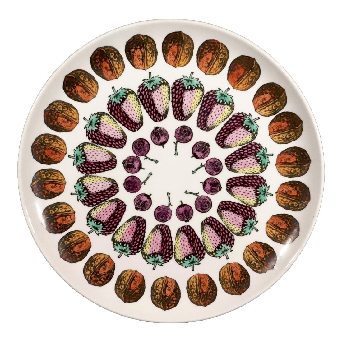 Piero Fornasetti Ceramic Plate With Giostra Di Frutta Pattern, #4 in Series: Piero Fornasetti Ceramic Plate with Giostra Di Frutta Pattern, 1955-1960 The pattern "Giostra di Frutta" translates as a Merry-Go-Round of Fruit and depicts a series of bands, each with a different fr