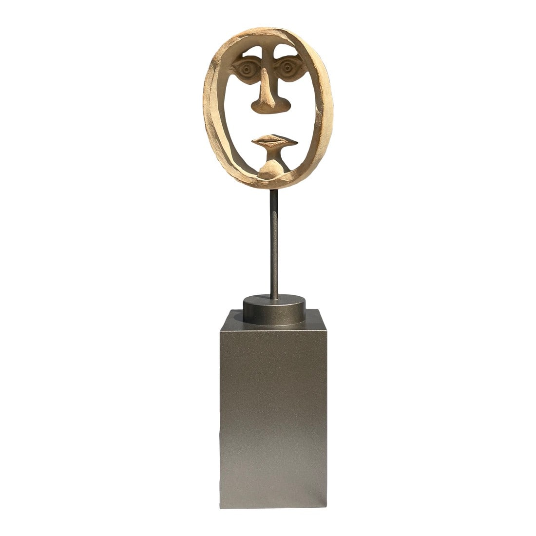Original Pottery Sculpture by David Gil of Bennington Artware Studio: Distinctive David Gil whimsical ceramic face sculpture that conjures "Picasso", using negative space imaginatively. Mounted on custom painted wood stand. Condition: Alterations: Original Condition Una
