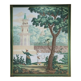 Large Vintage Chinoiserie Decorative Painting With Archers and Ornamental Pagoda
