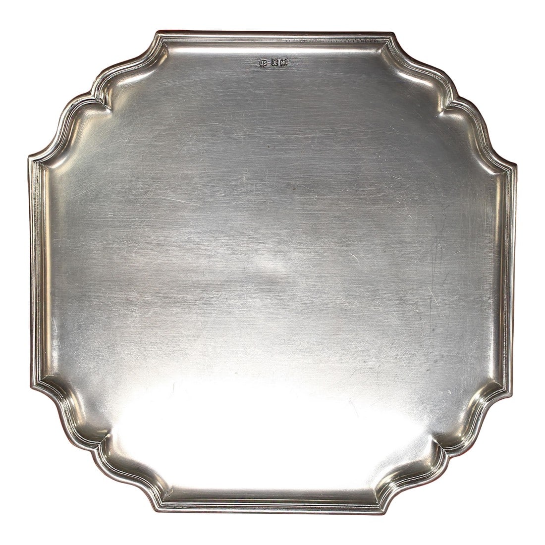 Mid 20th Century John Somers Pewter Footed Tray, Square: John Somers Elegant Footed Pewter Tray – Brazilian Craftsmanship This beautifully crafted footed square pewter tray is a testament to the artistry of John Somers, one of the most respected pewte