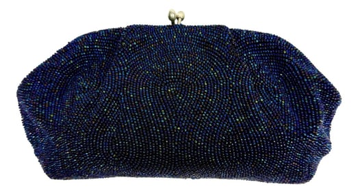 Vintage Belgium Beaded Evening Clutch Deep Navy Glass Micro Beads
