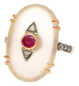 18KY Rock Crystal Ruby & Diamond Ring, size 7