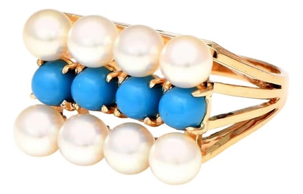 14KY Cultured Pearl & Imitation Turquise Ring, size 5.75