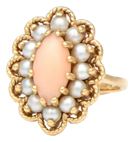 14KY Mid Century Modern Coral & Seed Pearl Ring, size 4