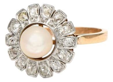 18KY/Platinum Edwardian Pearl & Diamond Ring, size 7.25
