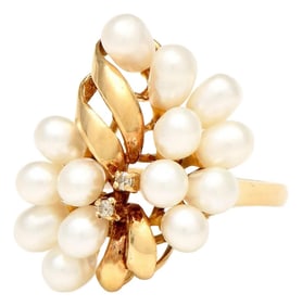 14KY Cultured Pearl & Diamond Accent Cluster Ring, size 6
