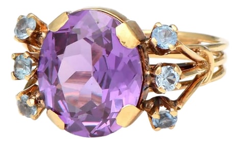 18KY Synthetic Sapphire(6.50) & Topaz(0.40) Ring, size 4