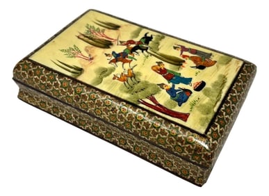 Fine Indo-Persian Micro Mosaic Marquetry Box With Miniature Painting 1940s