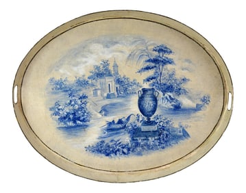 Vintage Prussian Blue Painted Landscape Oval Decorative Plate./Tray