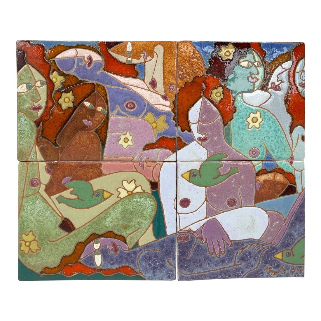 1990s "Las Mujeres" Ceramic Tile Mosaic by Guillermo Wagner Granizo: Las Mujeres is a fabulous ceramic mosaic by Guillermo Wagner Granizo who was one of the world's premier ceramic-tile muralists. His bright colors, geometric shapes, heavy lines, and varying textures c