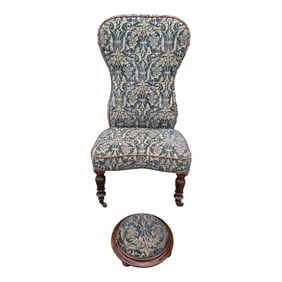 Late 19th Century Victorian Armless Slipper Chair & Footstool Blue Chenille Baroque Upholstery