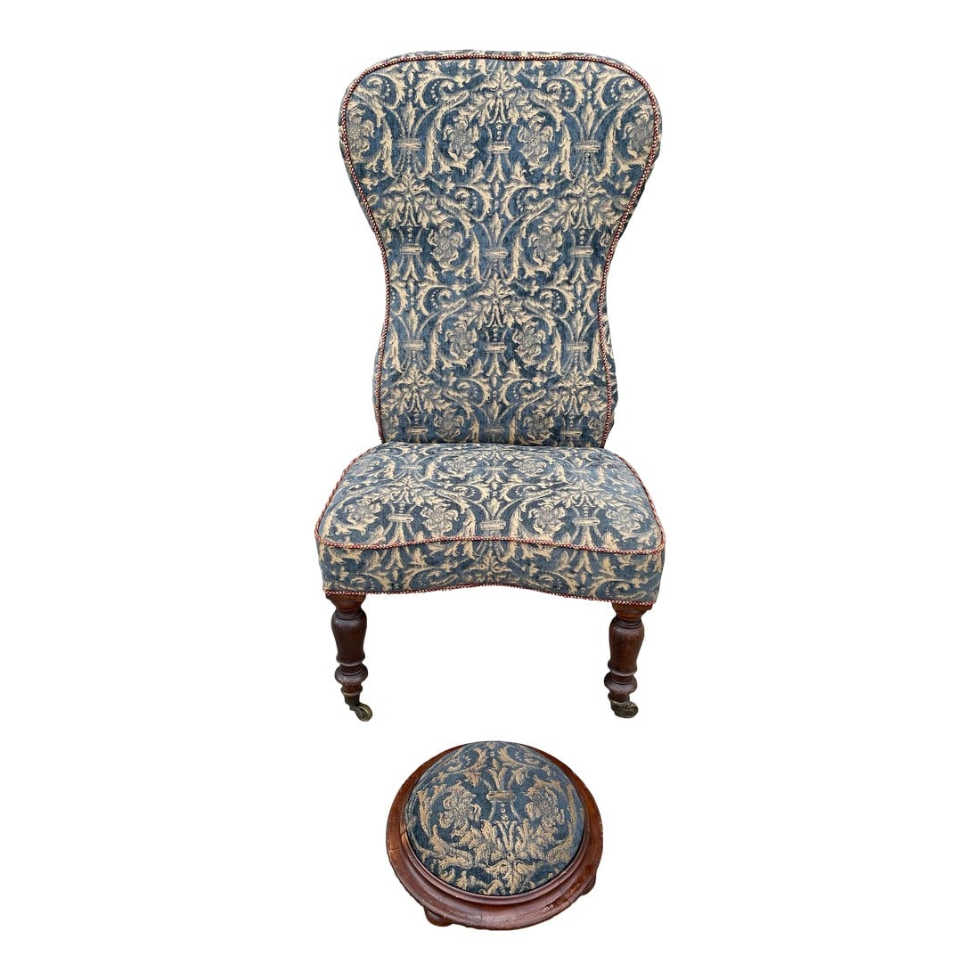 Late 19th Century Victorian Armless Slipper Chair & Footstool Blue Chenille Baroque Upholstery: The fabric on this lovely armless Victorian slipper chair is fantastic, the royal blue colored pattern is accentuated by the yellowish cream background, the raised chenille fabric is luxurious and the