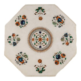 Vintage Octagon Marble and Pietra Dura Inlaid Tabletop