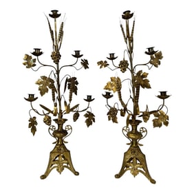 Antique French Brass Girandoles in Grape & Wheat Motifs, a Pair.