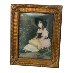 Early 20th Century Print of a Girl Sitting Outside in Curved Glass Frame