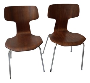 Fritz Hansen Denmark 1974 Plywood Hammer Stackable Chairs Set of 2 Refinished