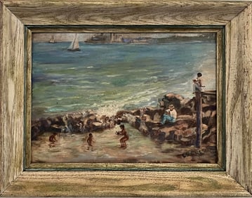 Vintage Coastal Seascape Oil Painting – Children Playing by the Shore-Locueso
