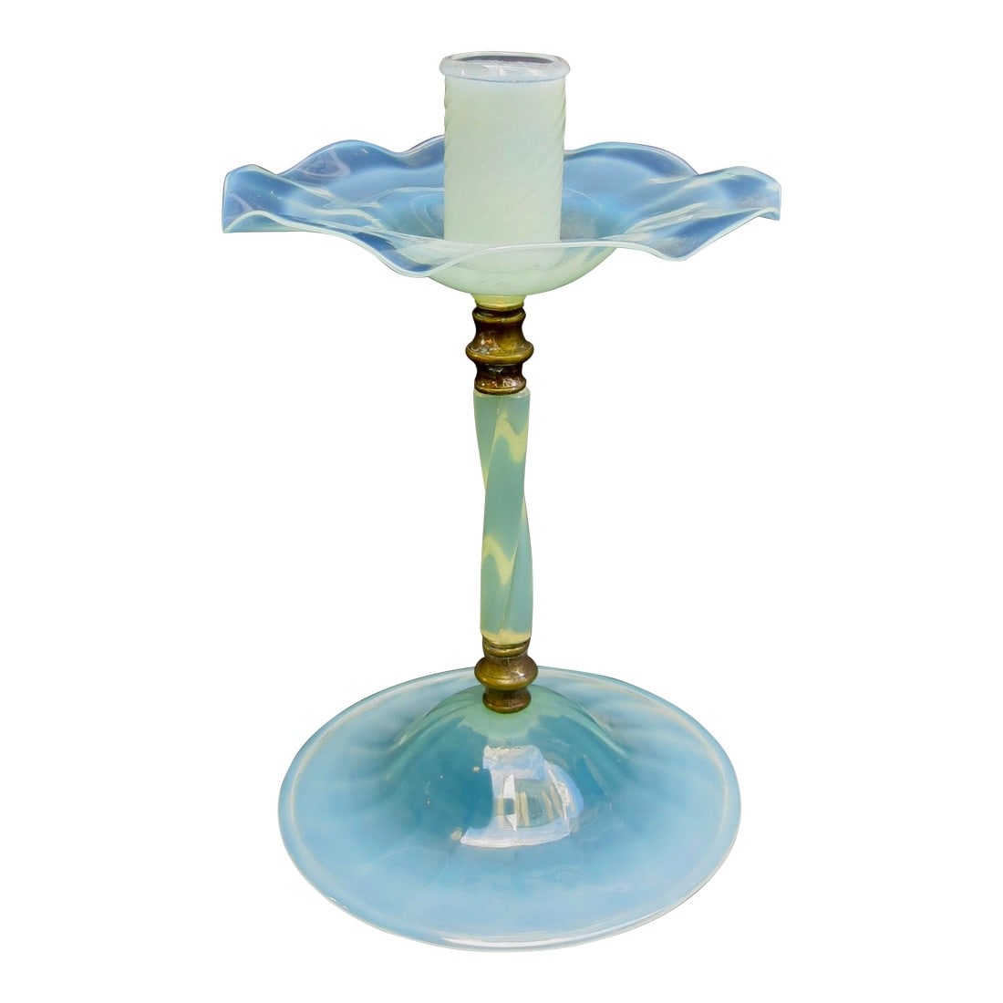 Antique Fry Foval Opaline Glass Single Candlestick Circa 20s': American Fry Foval glass. A nice opaline pale blue color with bronze collars on the stem. American fine art glass from circa. 20s-30s. A deep candle cup with wide ruffled bobesche. The measurements ar